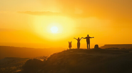 A family of four standing on a hilltop, silhouetted against a golden sunset, with arms outstretched, with copy space, dynamic and dramatic composition, with copy space