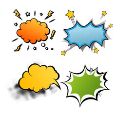Comic speech bubbles set with different emotions and text Wow, Omg, Ho, Boom, Bang, Oops. Vector bright dynamic cartoon illustrations isolated on white background.