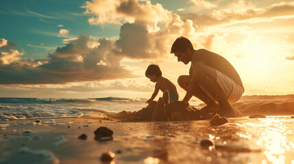 A parent and child building a sandcastle on the beach, with intricate details and teamwork, with copy space, dynamic and dramatic composition, with copy space