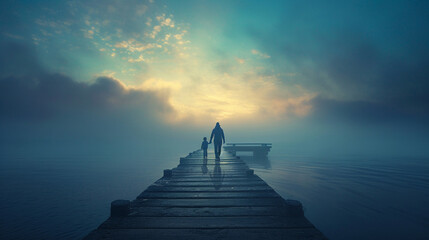 A child and their parent holding hands, walking along a misty pier at dawn, with copy space, dynamic and dramatic composition, with copy space