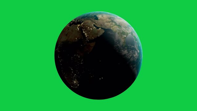 Partially lit planet Earth rotating 360 degrees with night lights from continents in dark area. Green screen chroma key background for keying. Seamless loop. Apple ProRes. 3d illustration.