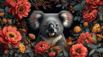 a painting of a koala surrounded by red and yellow flowers on a black background with leaves and flowers around it.