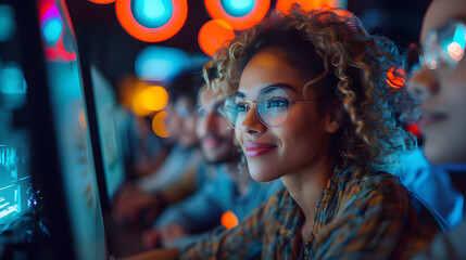 Portrait of a beautiful young woman playing video games in a gaming club. Happy group of software developers working an students as a team in office.