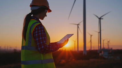 
Engineer holding tablet for inspection with wind turbines in the background during sunset.