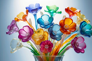 A bouquet of flowers made from multi-colored transparent glass on a light background. Cute decoration, crystal petals and stems.