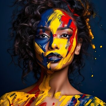 portrait of Colombian woman with face painted by Colombia's national flag colors  