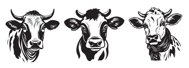 cow heads, black and white vector - obrazy, fototapety, plakaty