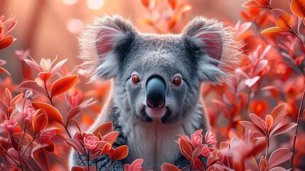 a close up of a koala in a field of red flowers with a surprised look on it's face.