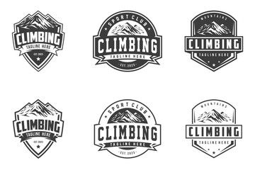 climbing logo vector and emblems set, Adventures and mountain climbing. Illustrations for labels or logo designs