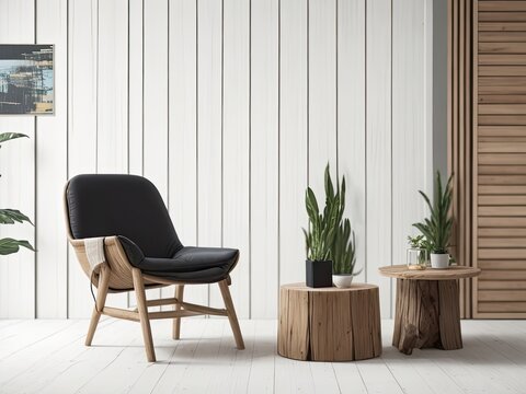 lounge chair and a side table made of wood stumps with an empty mock-up frame; rustic minimalist interior design