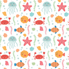 Seamless pattern with cute sea animals. Vector baby colorful background with ocean underwater characters.