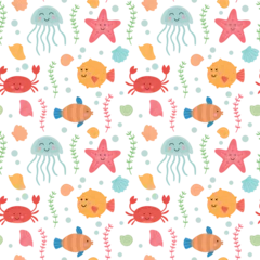 Papier Peint photo Vie marine Seamless pattern with cute sea animals. Vector baby colorful background with ocean underwater characters.