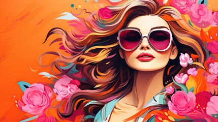 Colorful art portrait of a young fashionable woman. Summer fashion concept.