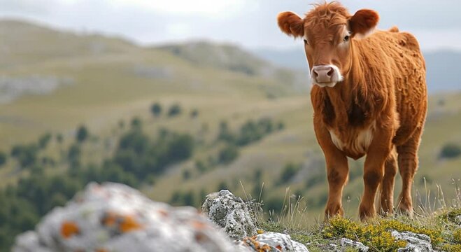 a cow on a rock in the mountain footage