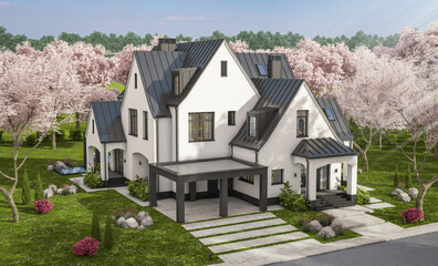 Fototapeta na wymiar 3d rendering of cute cozy white and black modern Tudor style house with parking and pool for sale or rent. Fresh spring day with a blooming trees with flowers of sakura.