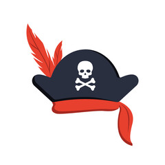 Black pirate triangle hat with skull and crossed bones, red feathers. Vector illustration.