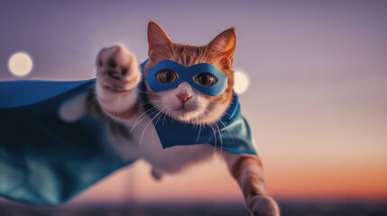 Feline Superhero, Cute Kitty with a Blue Cape and Mask Costume Flying, Generative AI