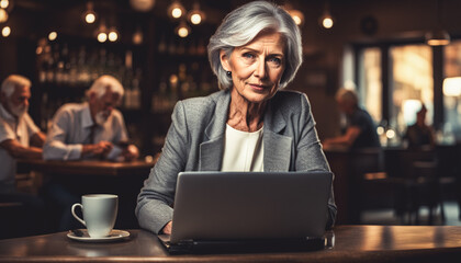 Middle aged woman working on laptop, free wi-fi at the coffee bar. Lifestyle and technology concept