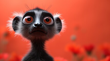 a close up of a small animal with a surprised look on it's face with flowers in the background.