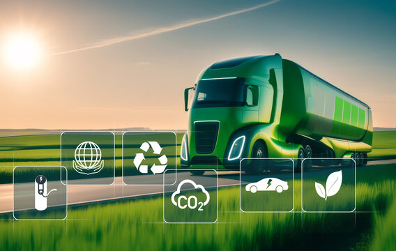 Futuristic electric truck driving down a road. Green mobility and sustainability environment concept