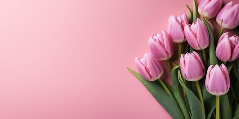 Bouquet of pink tulips for the holiday of the eighth of March, pink background, Generative AI