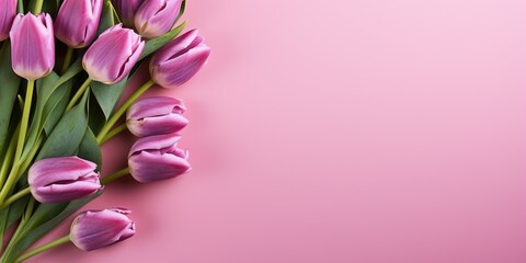 Bouquet of purple tulips on a pink background, top view, space for text
