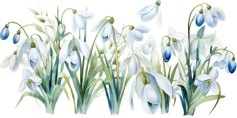 Drawing of snowdrop flowers under the snow. Watercolor, winter flowers. Generative AI