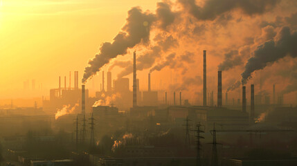 Industrial Pollution: Factory Chimneys Emitting Smog - obrazy, fototapety, plakaty