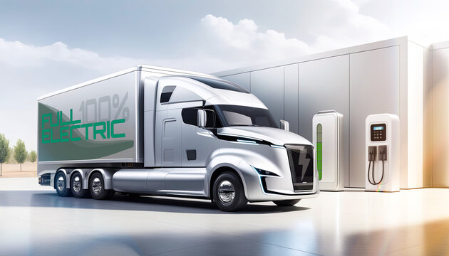 Futuristic electric truck charges battery. Green mobility and sustainability environment concept.