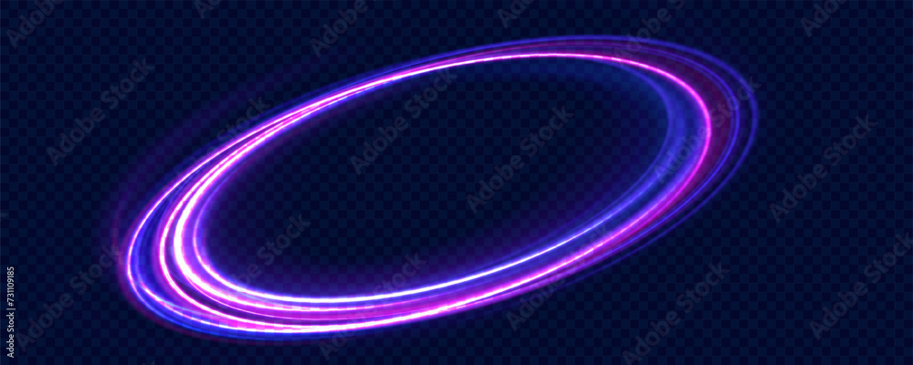 Poster Curve blue line light effect neon swirl. Abstract ring background with glowing swirling background. Energy flow tunnel. Blue portal, platform. Magic circle vector.
