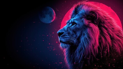 a close up of a lion in front of a red and blue background with a half moon in the background.