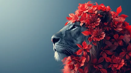 Foto op Aluminium a close up of a lion with a bunch of red flowers on it's head and a blue background. © Nadia
