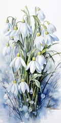 Illustration with paints of snowdrop flowers. Vertical drawing. Spring. Generative AI