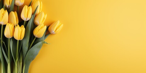 Bouquet of yellow tulips on a yellow background, top view of a floral banner. Generative AI