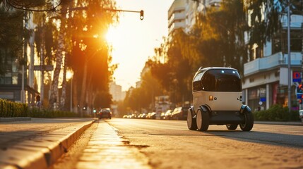 Showcase the efficiency of online delivery technology with a futuristic autonomous delivery robot navigating through city streets, emphasizing technological advancements - obrazy, fototapety, plakaty