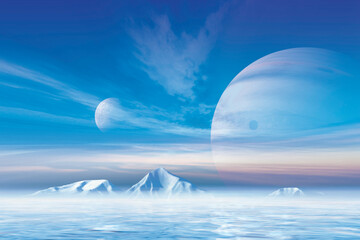 EISWELT
Eine öde Eislandschaft auf einer Welt, die als Mond einen Gasriesen umkreist. Wäre dort Leben wie wir es kennen möglich?