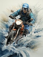 Fototapeta na wymiar An adventurous scene of a biker riding a motorcycle through a body of water, with dynamic splashes and waves around the vehicle and rider.