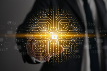 Businessman Touch Screen and Unlock Security Technology Concept Icon