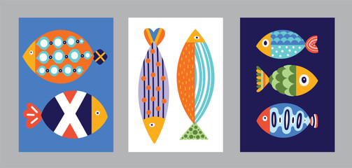 Poster with sardines and fish. Cute set. Vector illustration
