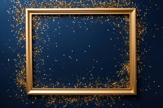 blue golden blank frame background with confetti glitter and sparkles