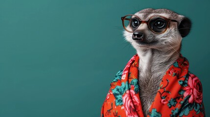 a meerkat wearing glasses is wrapped in a red flowered robe and is looking off to the side.