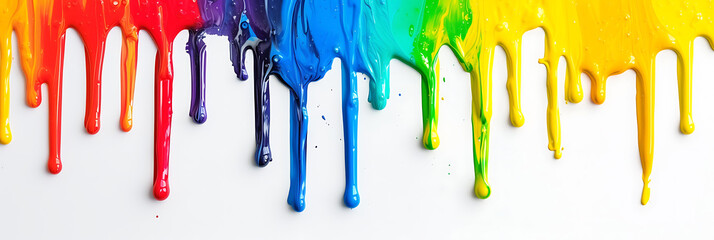 Rainbow colored paint dripping on white background. Banner with colored oil streaks - obrazy, fototapety, plakaty