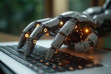 A tiny lego robot hand delicately types on a laptop keyboard, its mechanical precision bringing life to the indoor world of technology - obrazy, fototapety, plakaty