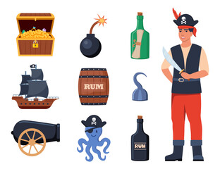 Pirate elements set. Pirates theme illustrations with ship, captain, chest, map, parrot, rum, cannonball. Funny pirate party icons. Vector illustration.