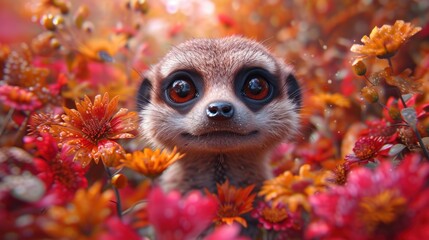 a close up of a baby meerkat in a field of flowers with red and yellow flowers in the foreground.