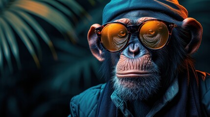 a close up of a monkey wearing sunglasses and a hat with a palm tree in the backgrouund. - obrazy, fototapety, plakaty