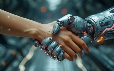 A human and a robot come together in a moment of unity, their hands clasping in a gesture of mutual understanding and connection, with the ticking of a watch serving as a reminder of the preciousness - obrazy, fototapety, plakaty
