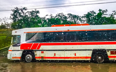 Colorful mexican travel bus coach transport Playa del Carmen Mexico.