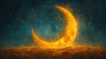 a bright yellow crescent is in the middle of a dark blue night sky with stars and a bright yellow star in the middle of the sky.