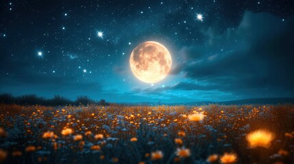 a night scene with a full moon and stars in the sky above a field of wildflowers and a field of wildflowers in the foreground.